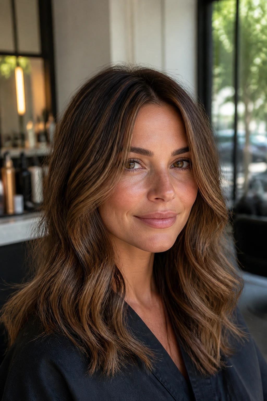 Close-up portrait of a woman with fine babylights on brown hair, subtle dimension