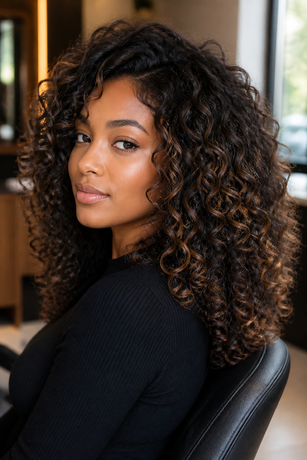 Close-up of a real person with dimensional balayage on black curls in a warm salon setting