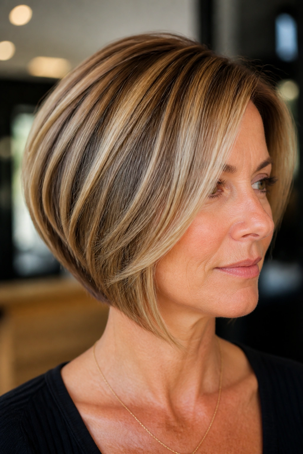 Close-up portrait of a woman with dimensional balayage on a stacked inverted bob in a salon