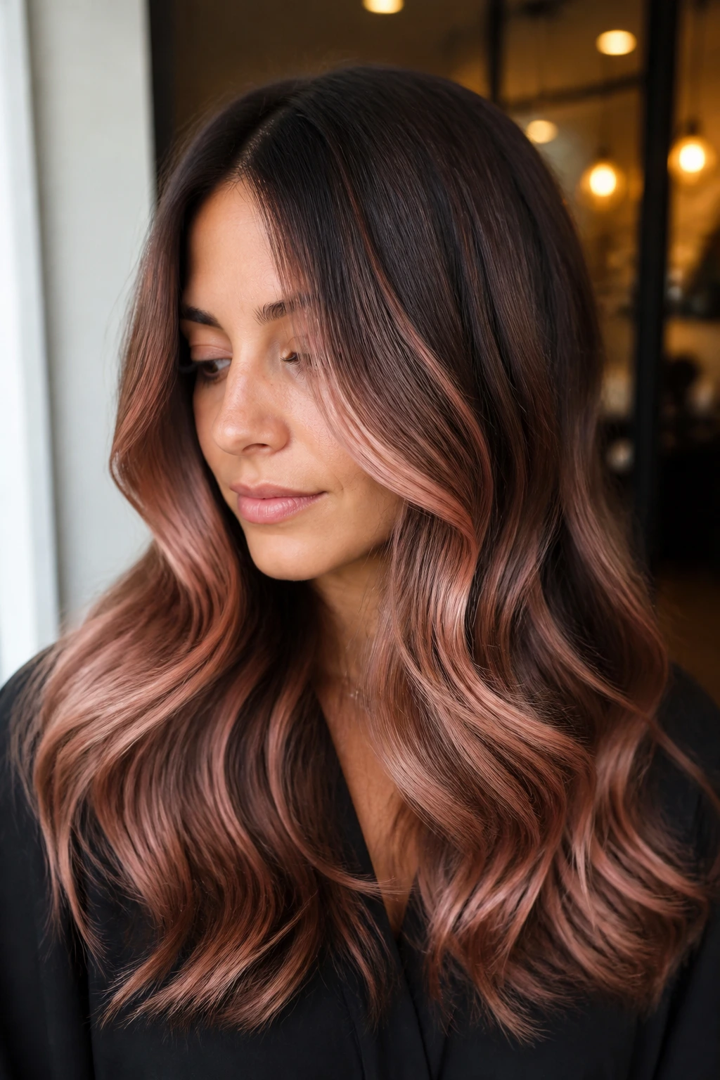 Close-up of real woman with dimensional brunette balayage and rose gold gloss in soft window light