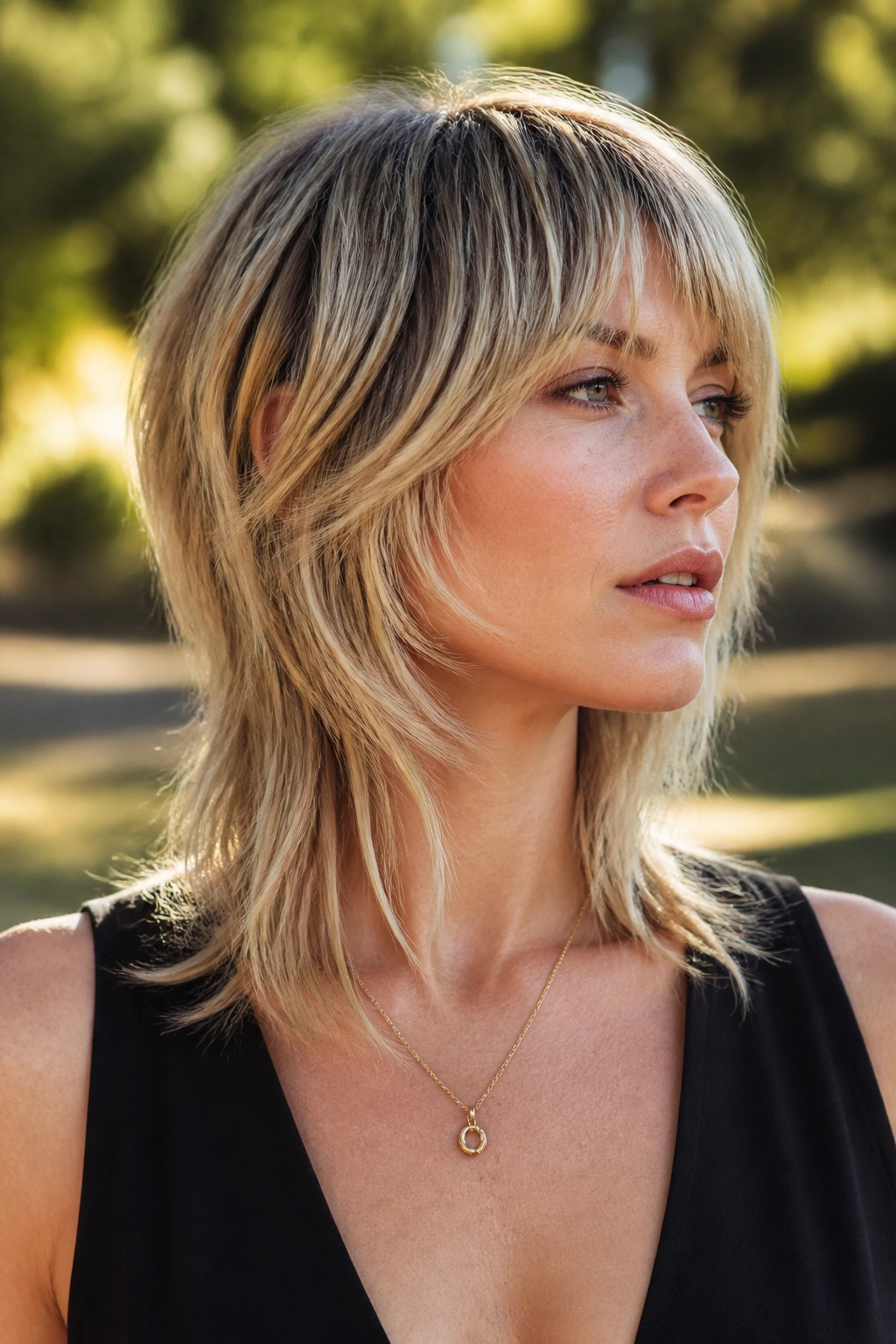 Portrait of a real woman with dimensional balayage shaggy mullet and feathered ends