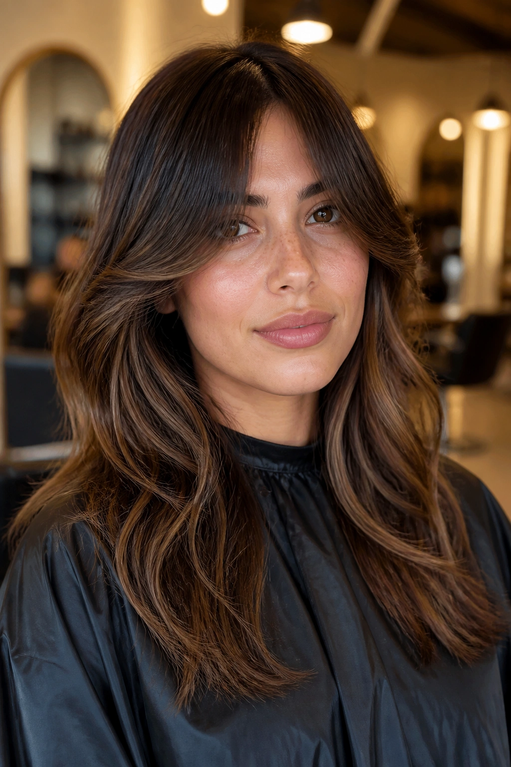 Portrait of a real woman with espresso-to-mocha dimensional curtain bangs.