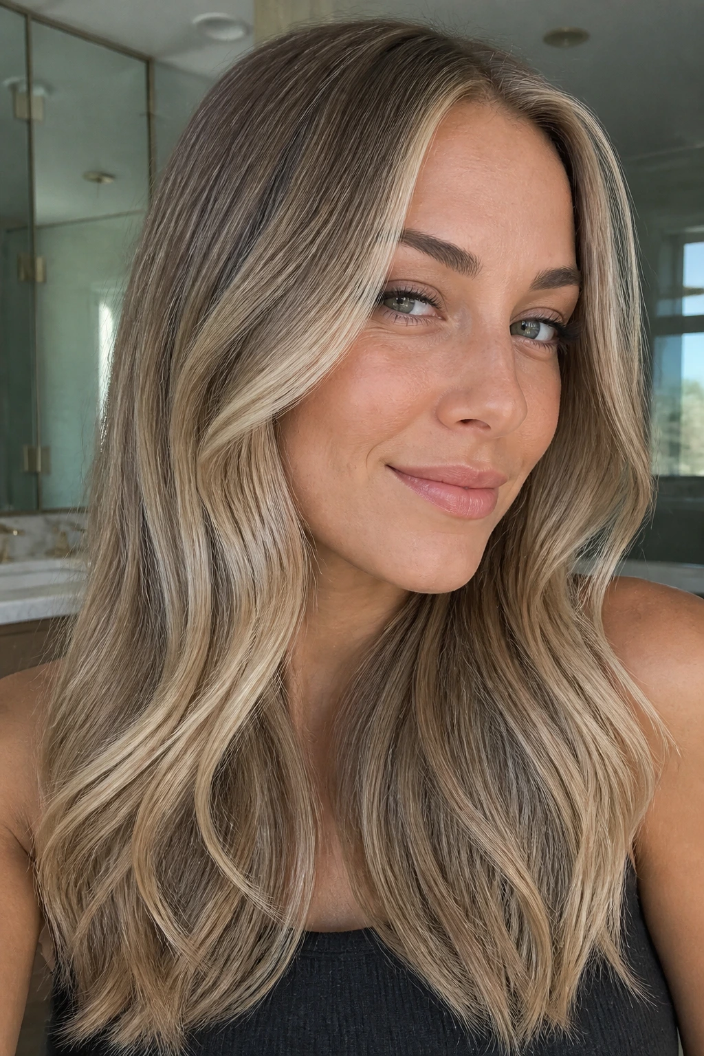 Close-up of a woman with dimensional beige blonde on a dark blonde base