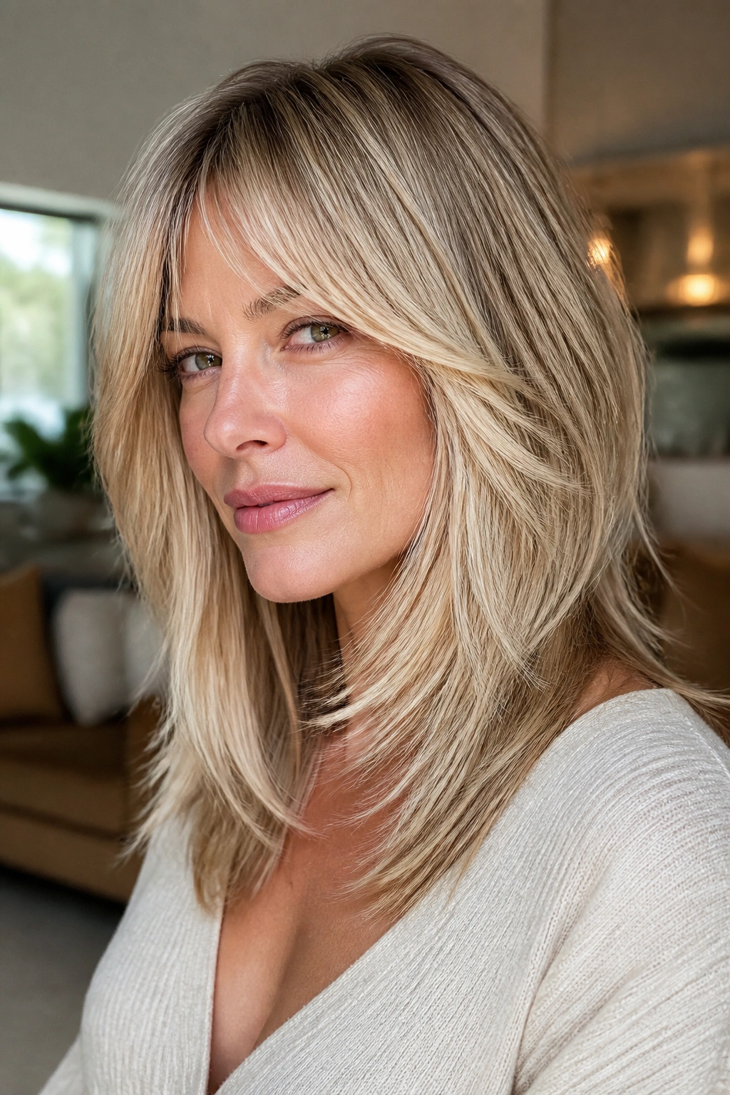 Close-up portrait of a real woman with dimensional beige blonde shag showing face-framing lighter strands and subtle lowlights