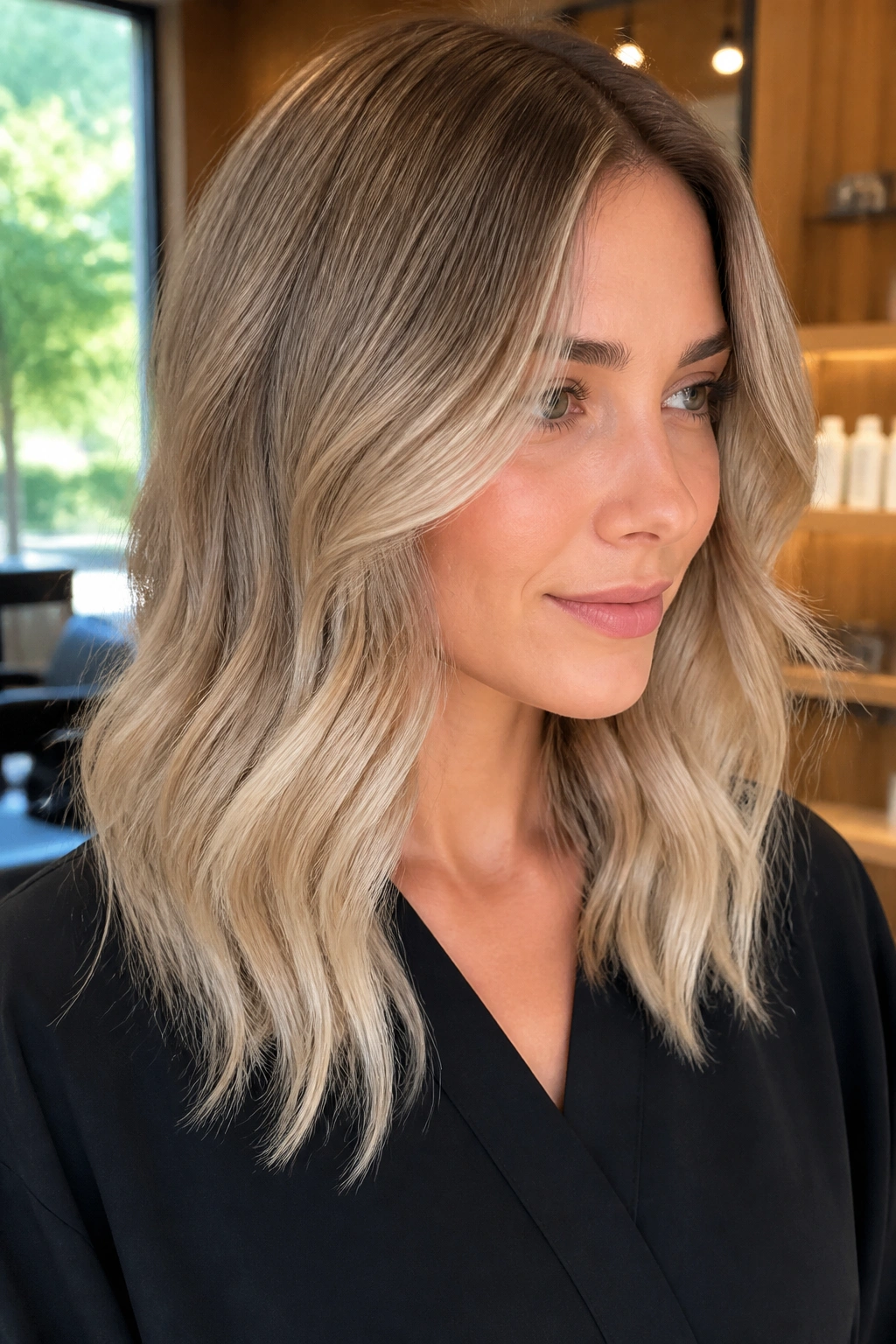 Close-up of a real woman with dimensional beige ombré showing root-to-end gradient in warm studio-like light.