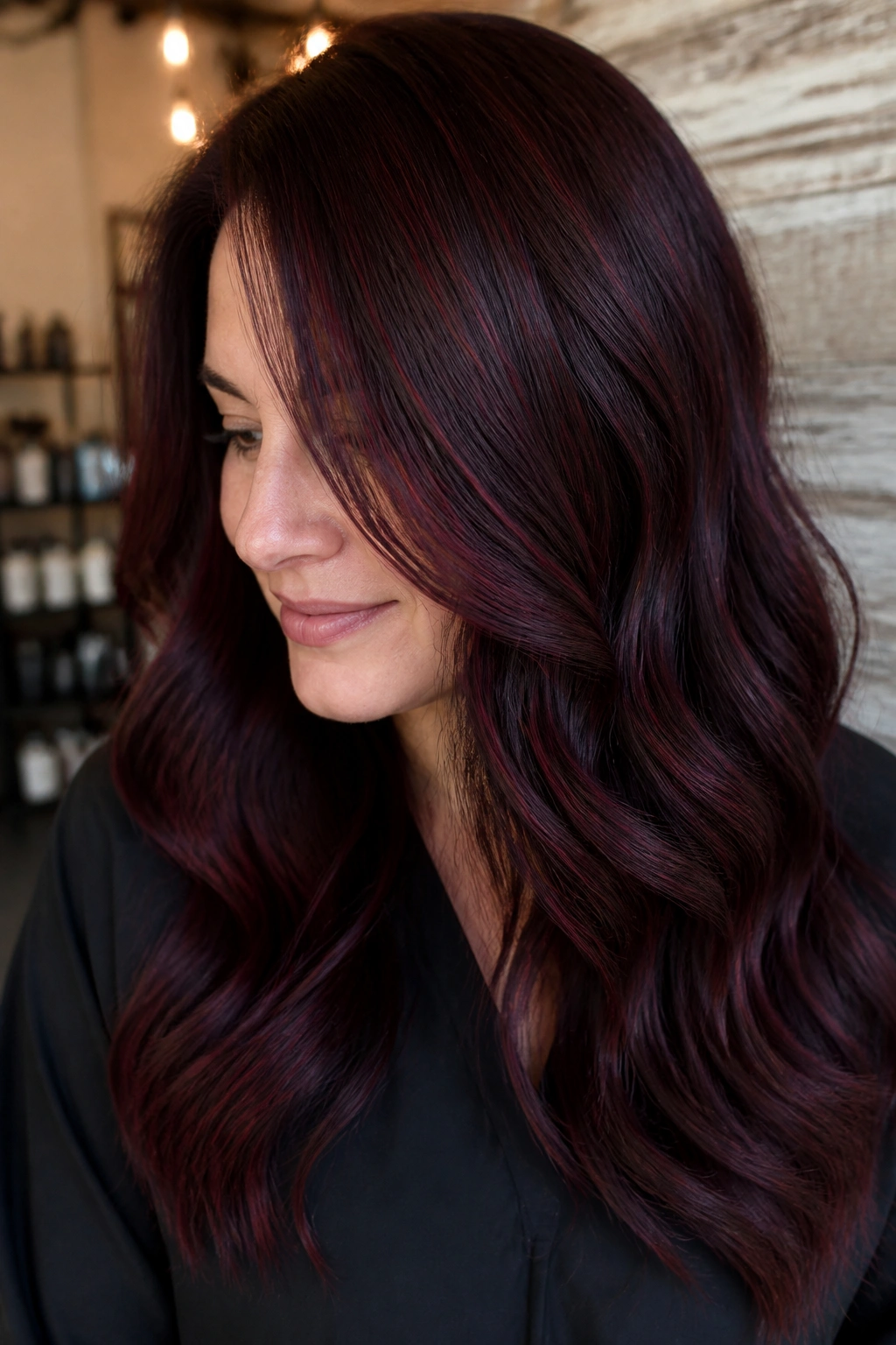Close-up of a real woman with dimensional black cherry and micro-highlights
