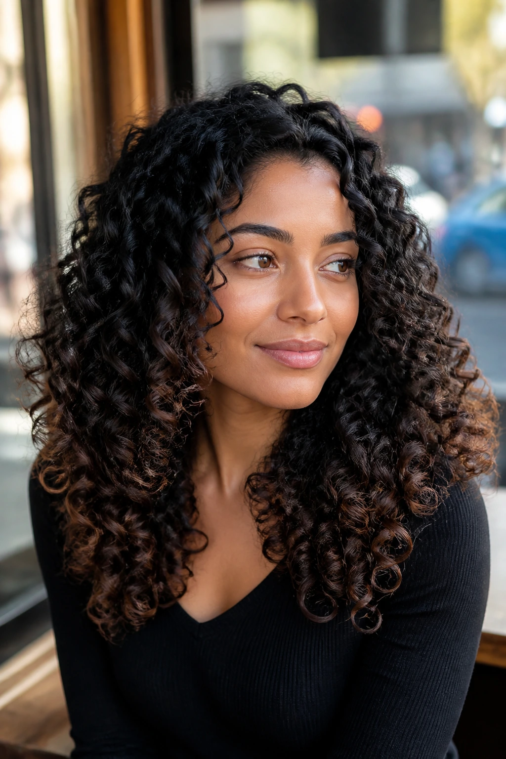 Close-up of a real woman with dimensional black base and smoky brown ends on curls outdoors at a cafe