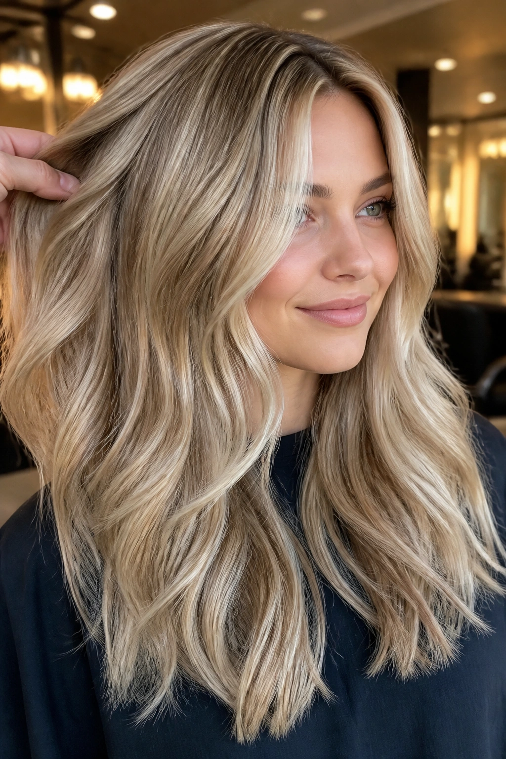 Portrait of a real person with dimensional blonde hair showing babylights and lowlights.