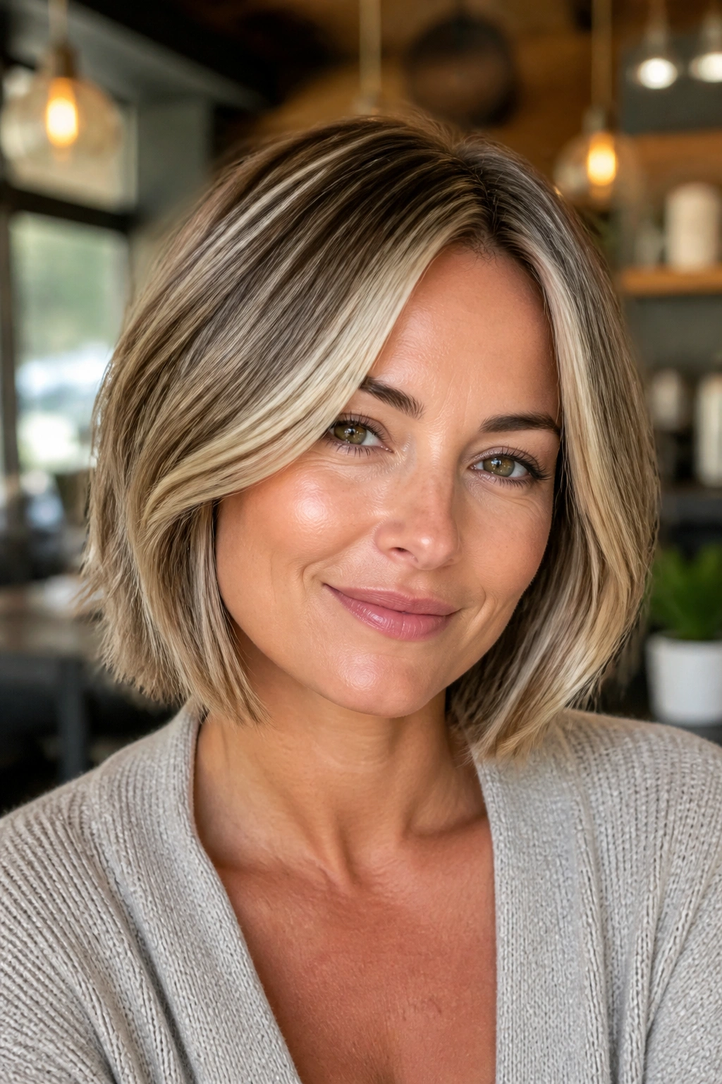 Close-up portrait of a real woman with a dimensional blonde bob and lowlights, showing depth and shadow.