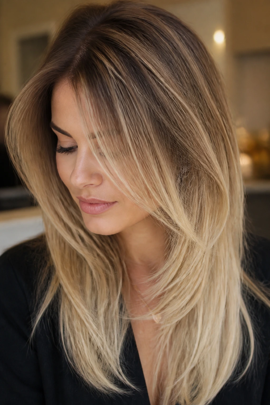 Real woman with dimensional blonde ombre and hidden layers in a softly lit interior.
