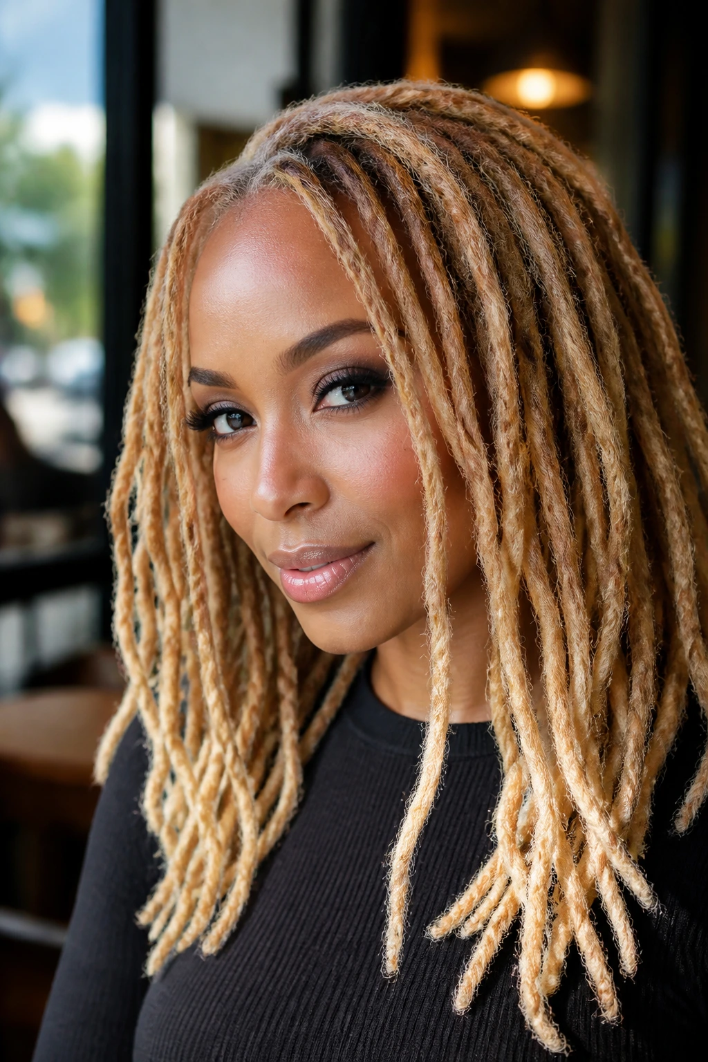Close-up of a woman with dimensional blonde locs and lighter tips in warm daylight