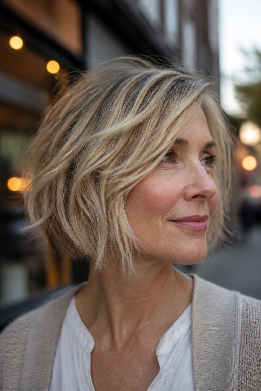 Real woman with chin-length shag and dimensional blonde veils