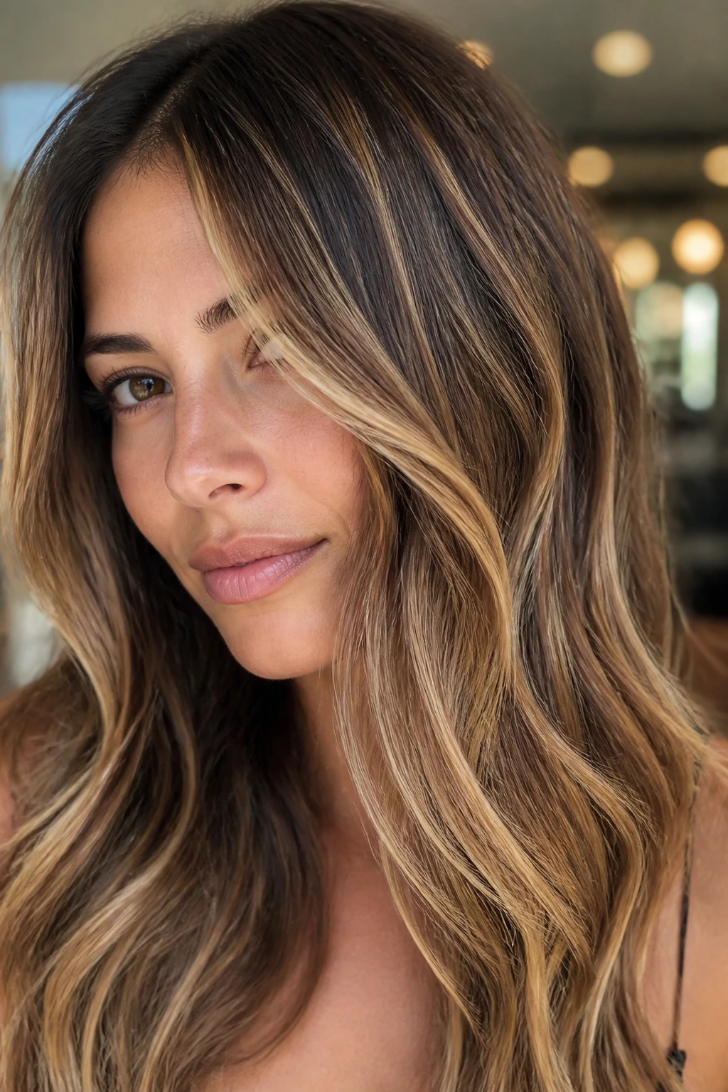 Close up of bronde hair with caramel notes showing dimension