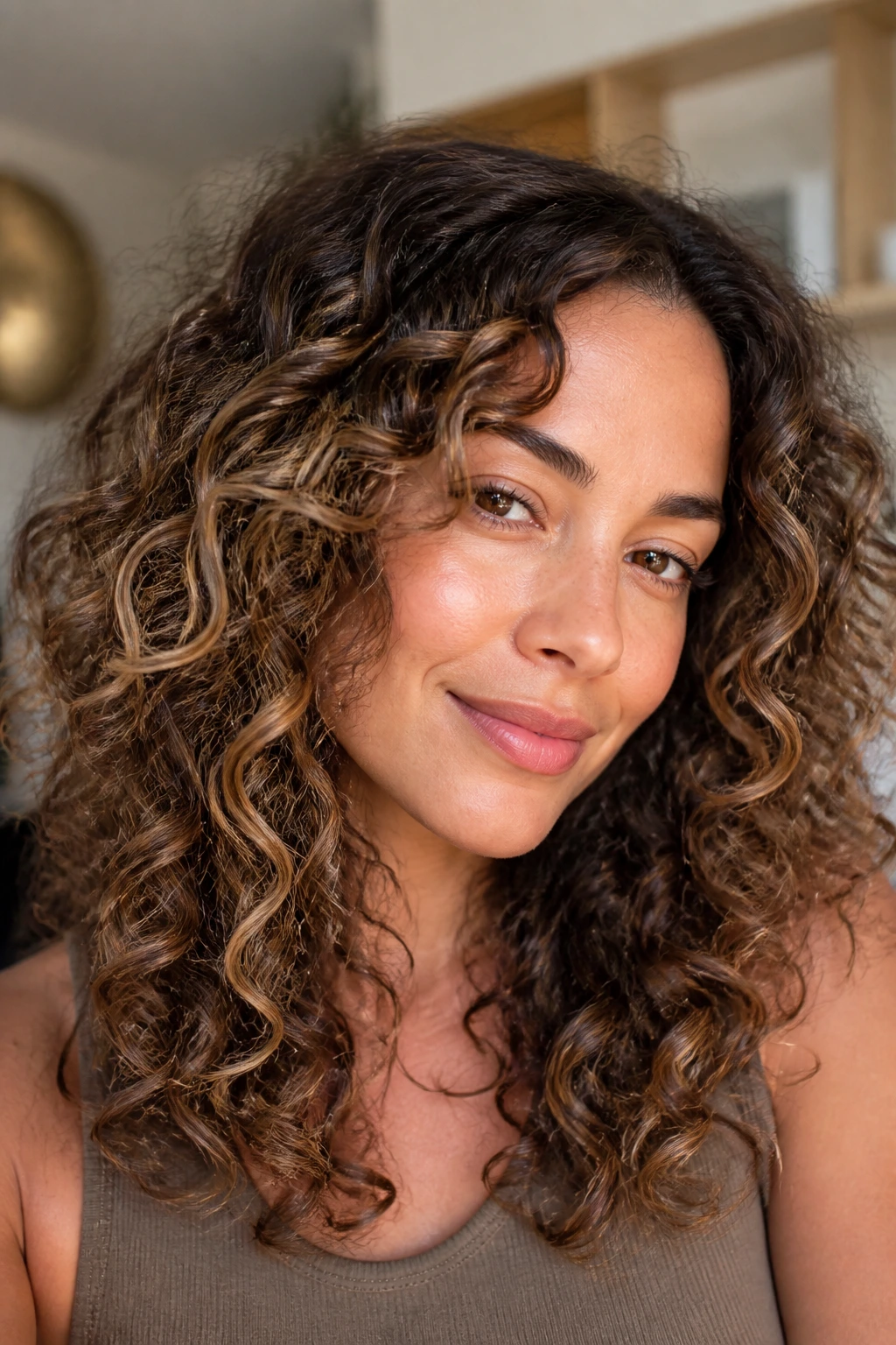 Close-up of curly brown hair with dimensional bronde highlights on a real person