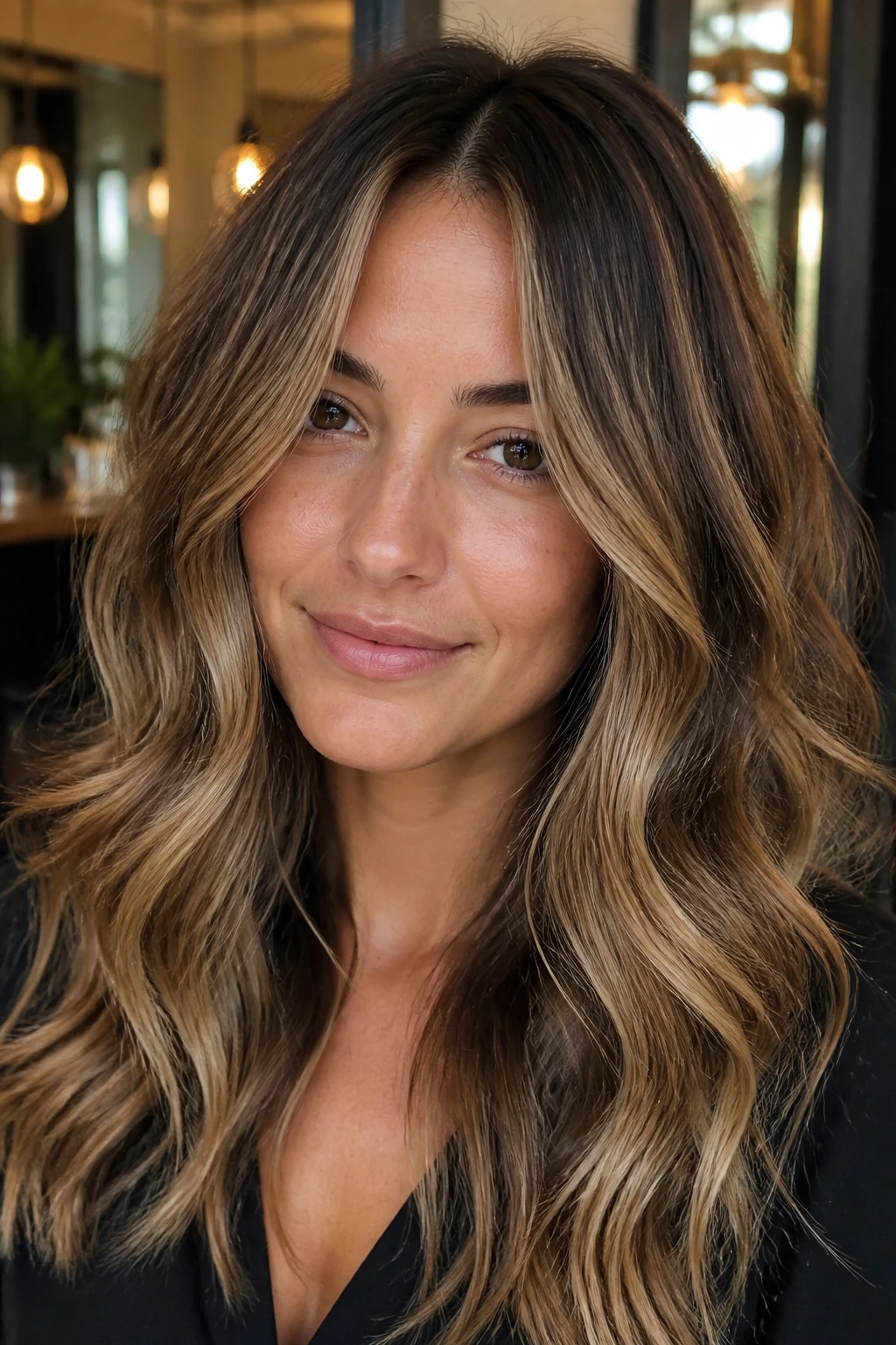 Close-up of a real person showcasing dimensional bronde hair with soft face-framing highlights