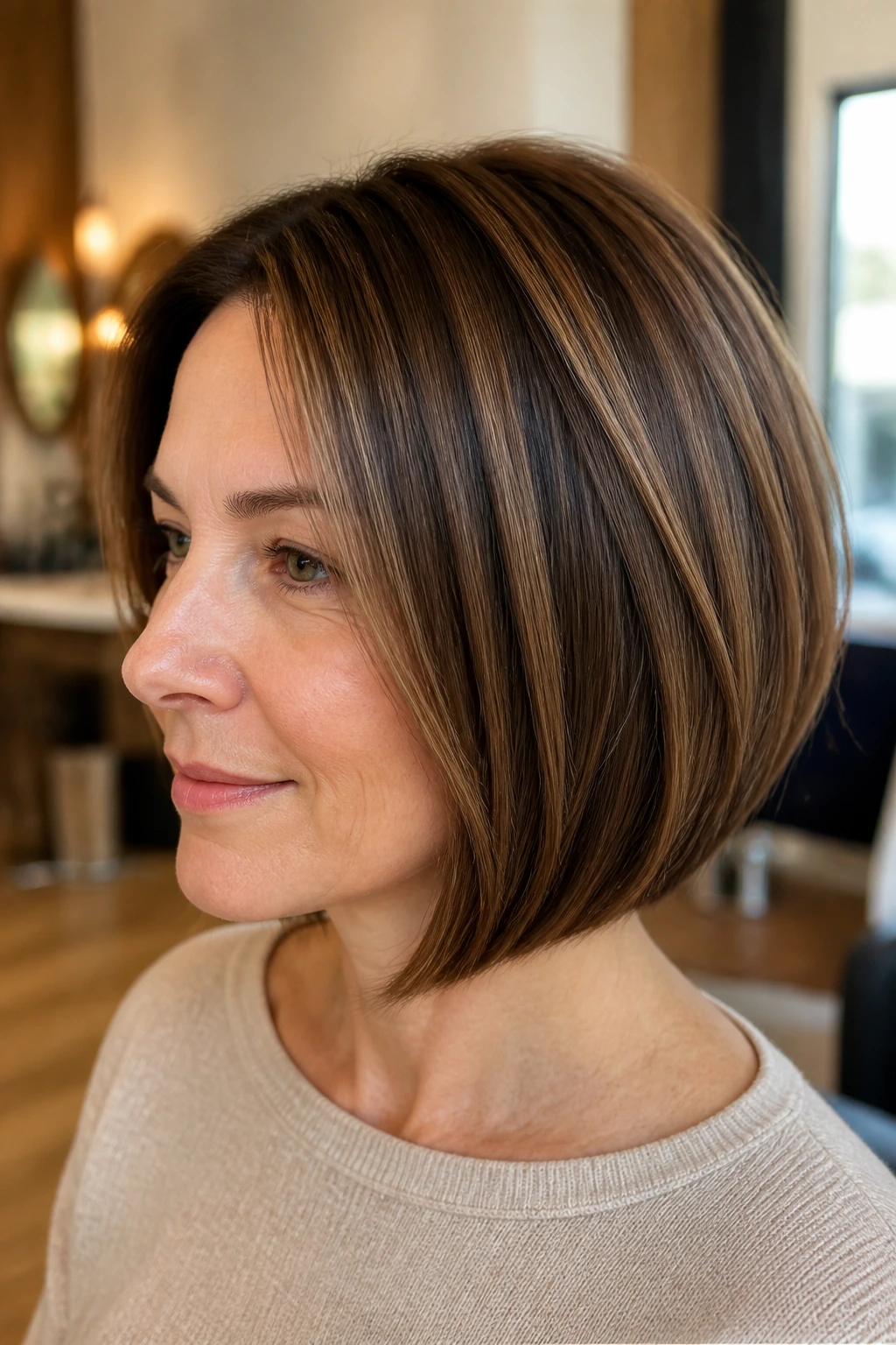Close-up portrait of a real woman with dimensional brown bob and lowlights for depth.