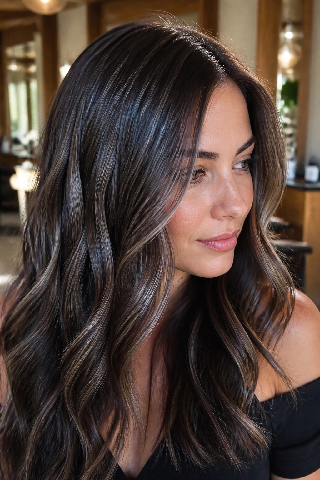 Close-up of brunette hair with dimensional silver babylights and gloss finish on a real woman in a sunlit salon.