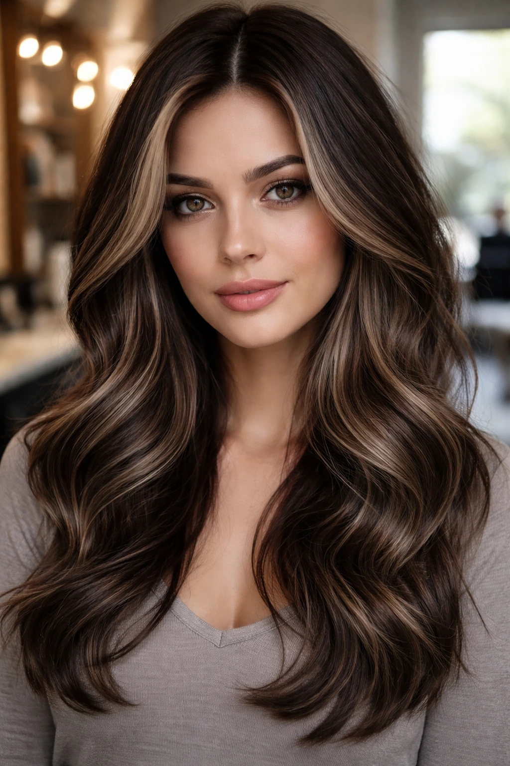 Close-up portrait of a real woman with dimensional cool brunette hair in ash and beige tones.
