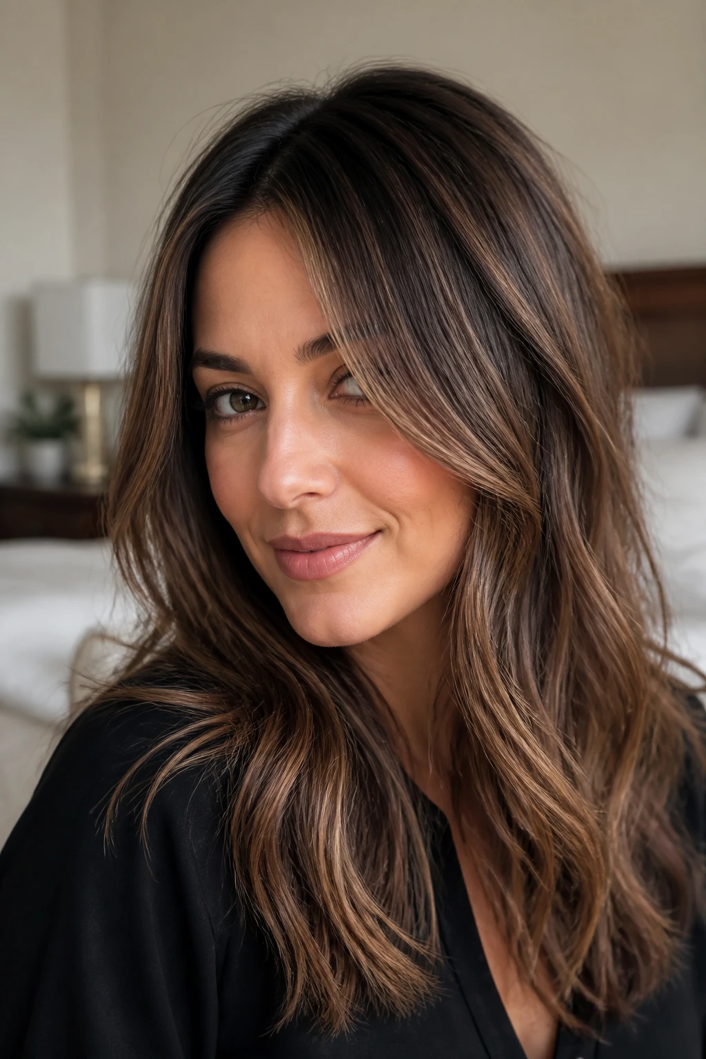 Close-up of a real woman with dimensional brunette balayage on fine hair