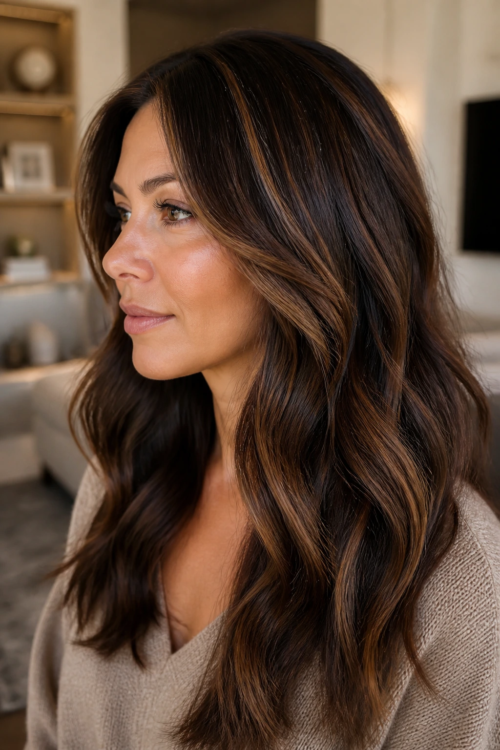 Close-up of a real woman with dimensional brunette balayage and lowlights in a warm living room