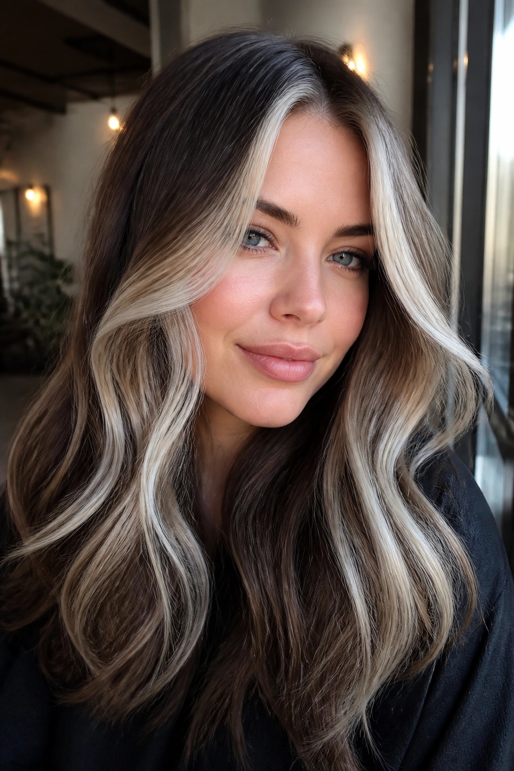 Close-up of a real woman's hair showing dimensional brunette with porcelain blonde panels around the front and crown in soft window light