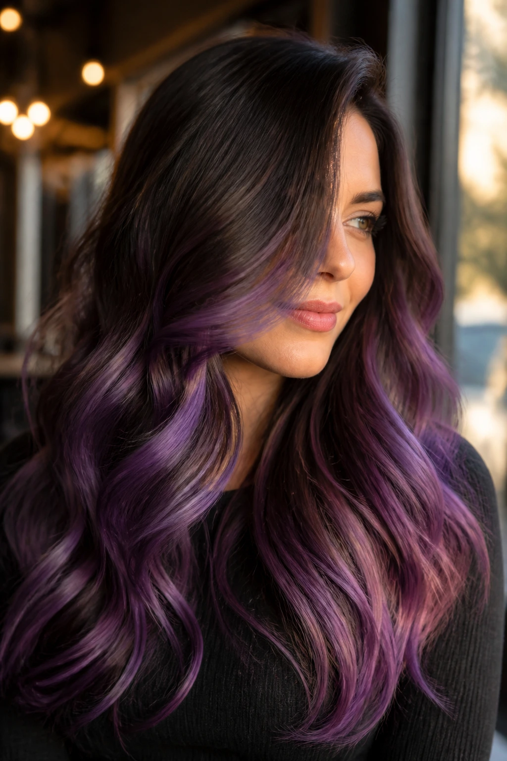 Close-up portrait of a real woman with dimensional brunette hair and multi-tone purple