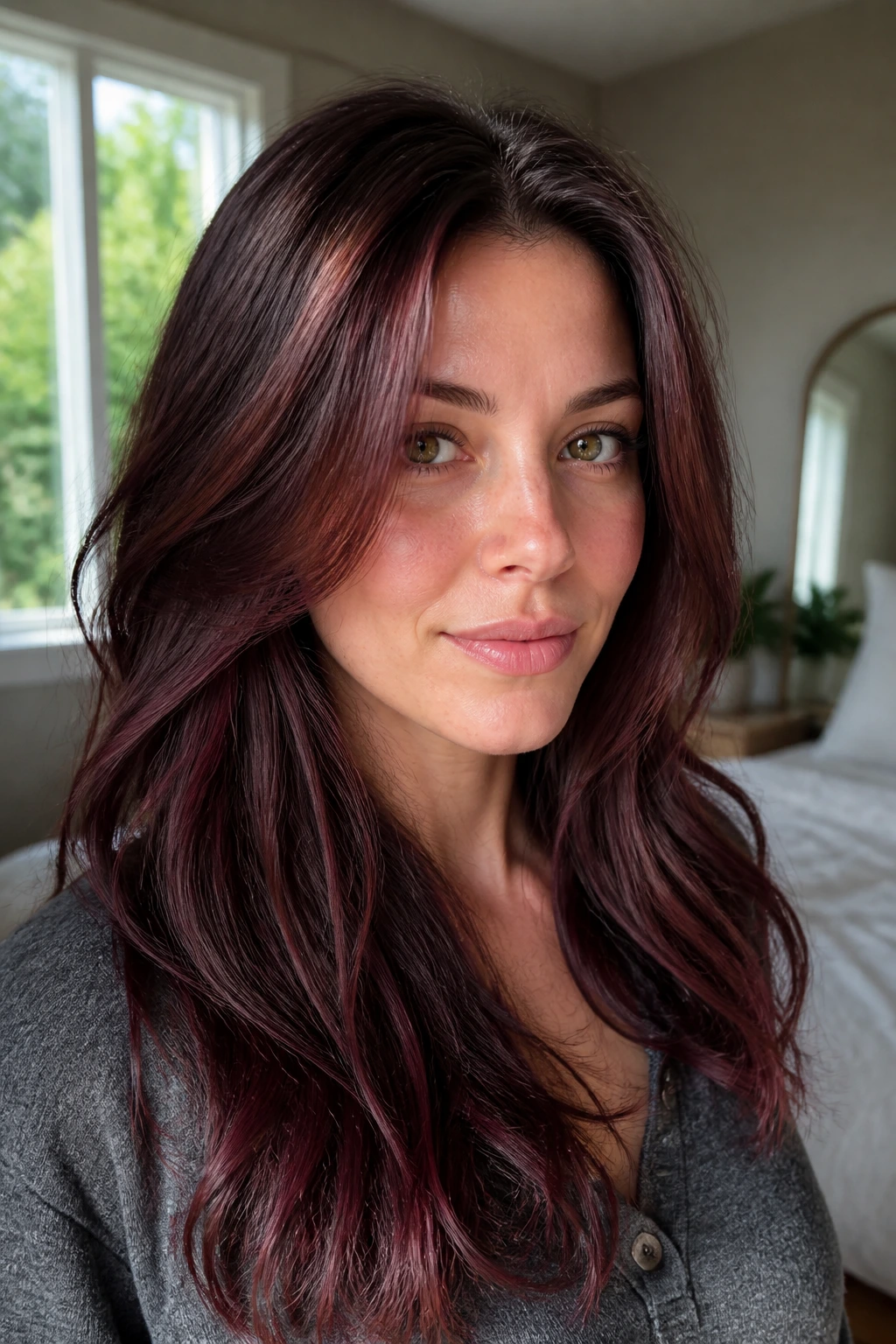 Close-up of fine brown hair with dimensional burgundy and babylights