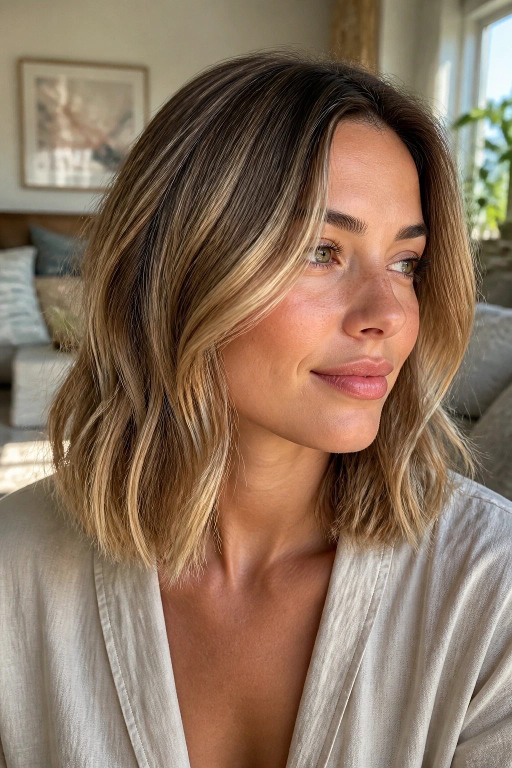 Close-up of real woman with dimensional caramel on a collarbone-length cut