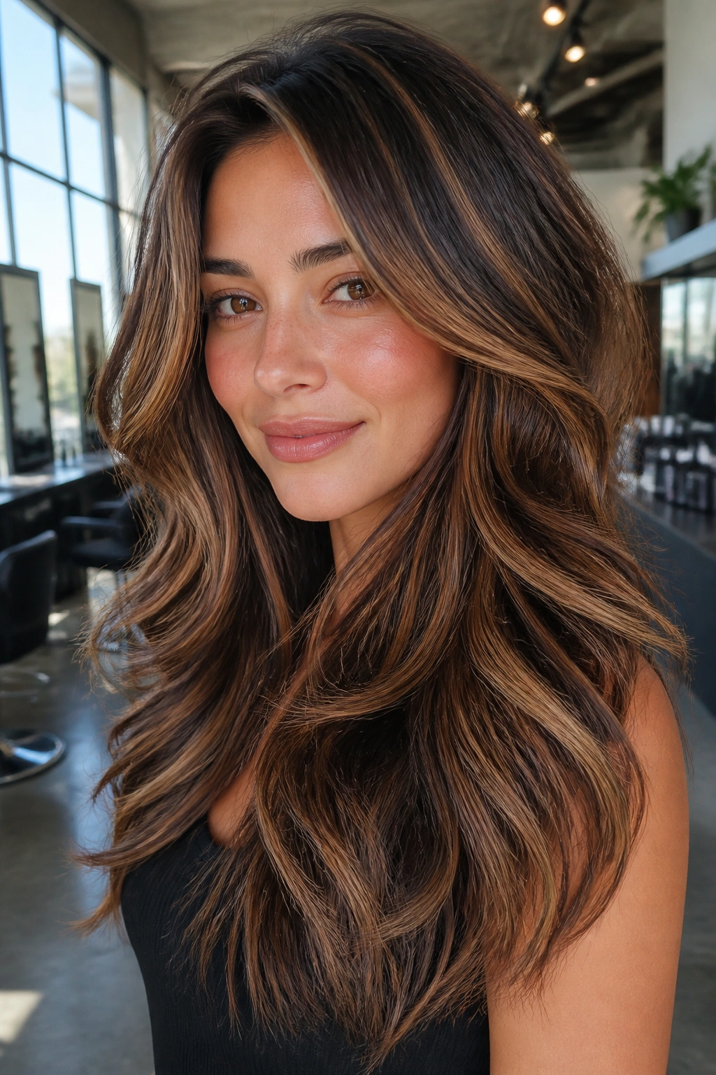 Thick hair with dimensional caramel highlights and lowlights.