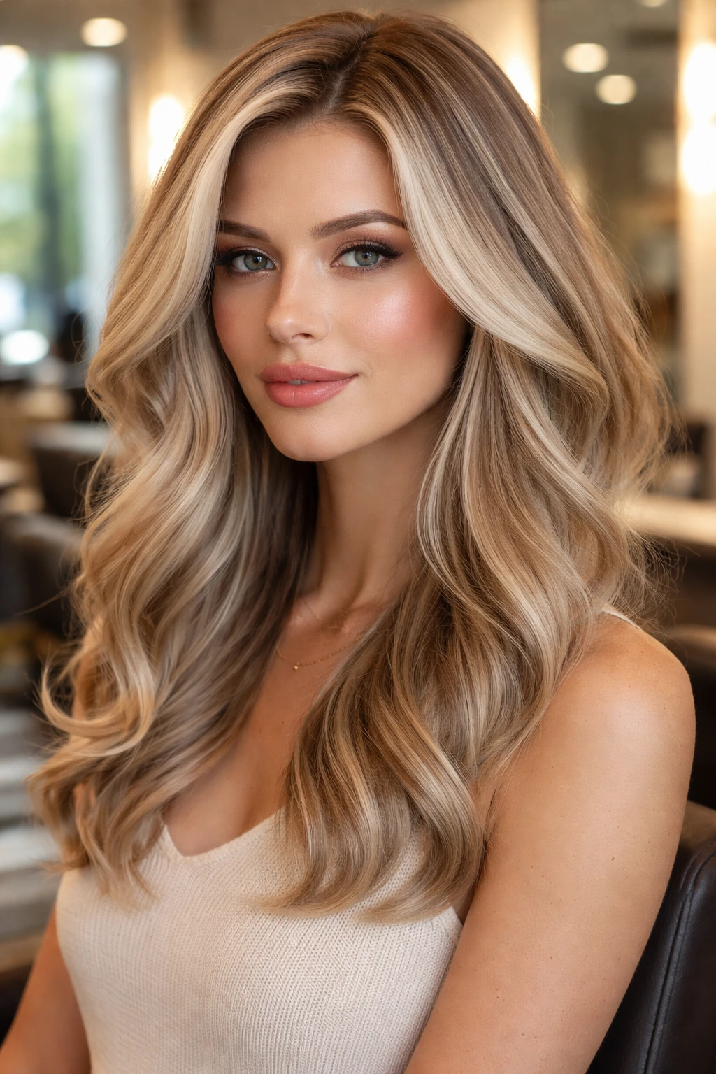 Close-up of real person with dimensional champagne hair catching light in a chic salon.