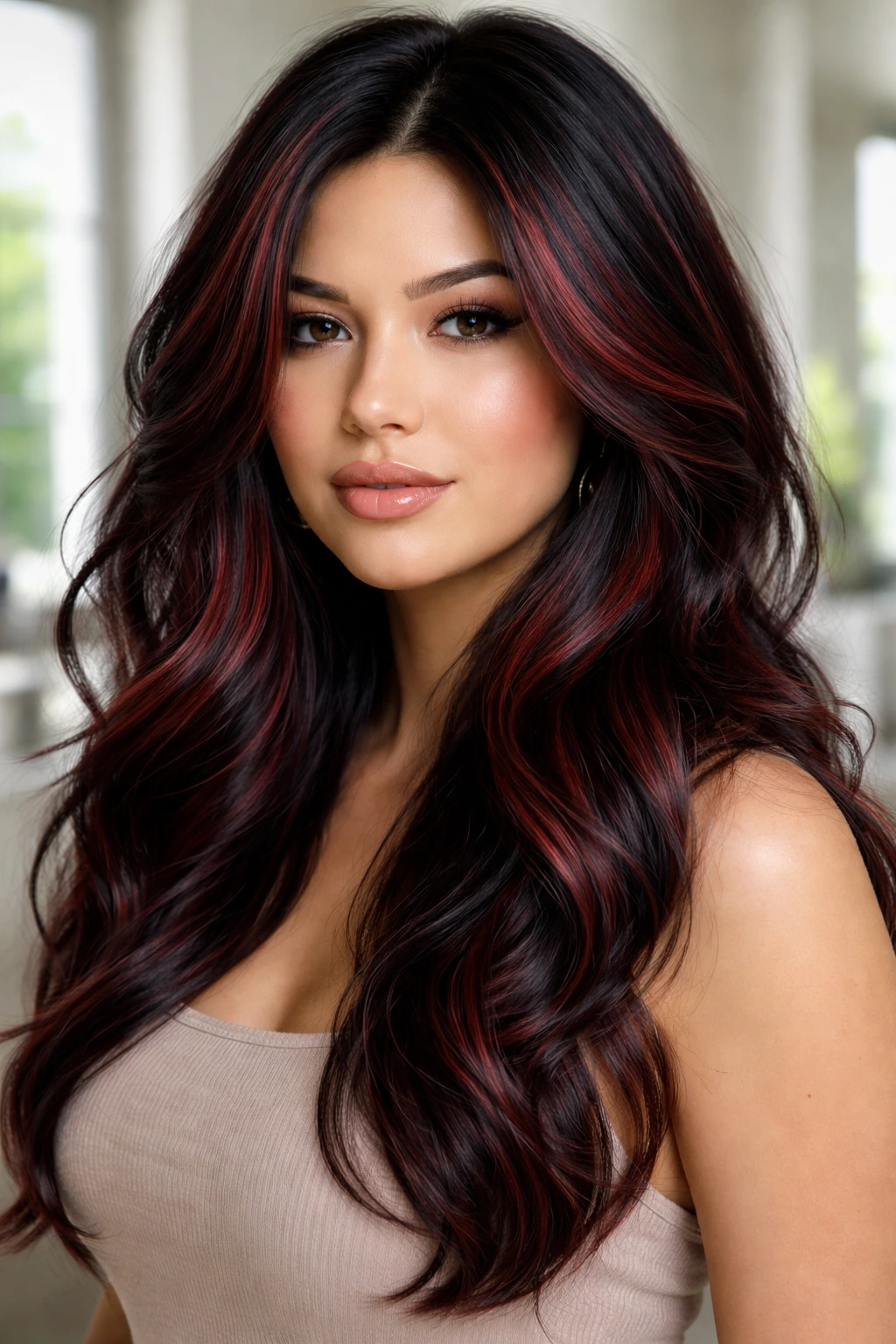 Portrait of a real woman with dimensional cherry cola weave in dark hair