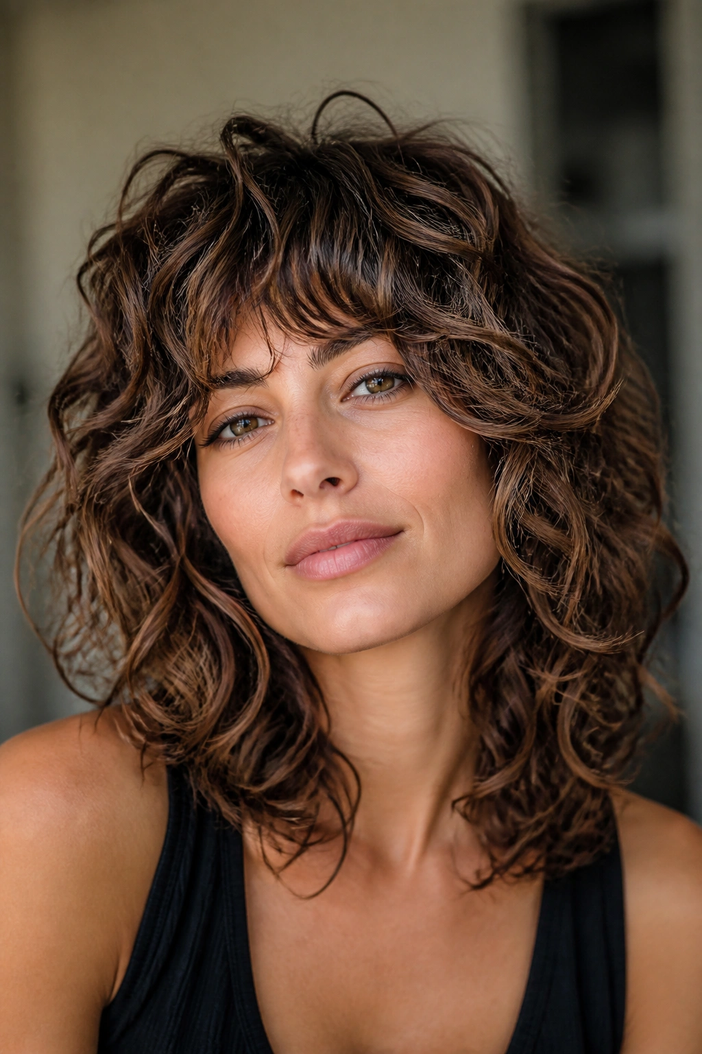 Close-up portrait of a real woman with dimensional chestnut curly shag hairstyle.