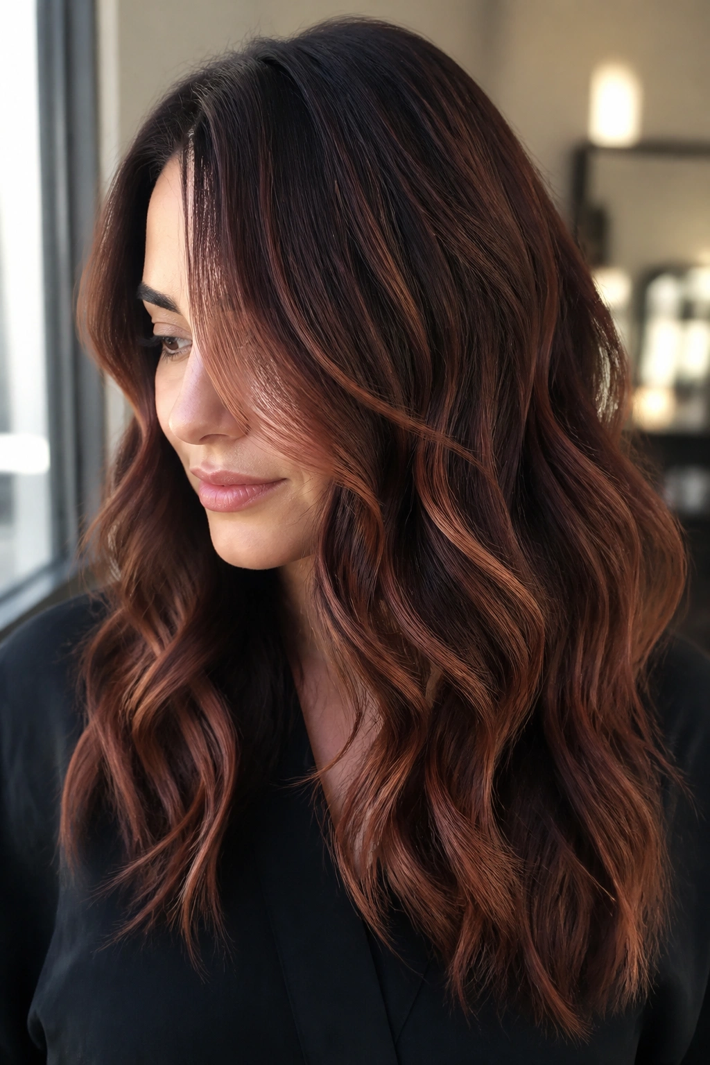 Close-up portrait of a real woman with dimensional copper balayage on a dark brown base