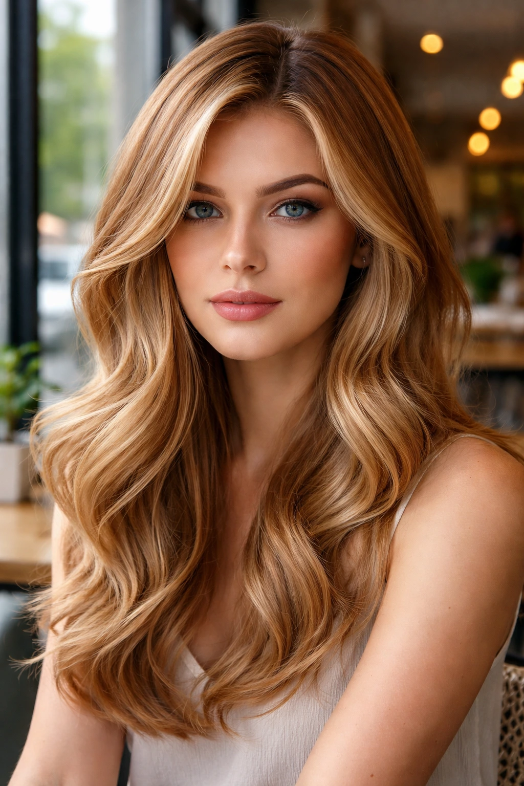 Close-up of real woman with dimensional cool copper blonde hair and toned beige finish