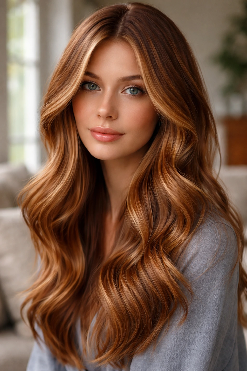 Close-up of a real woman with multidimensional copper-blonde hair in a living room