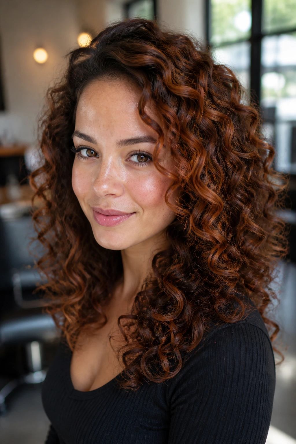 Close-up of a real woman with dimensional copper curls on brunette balayage