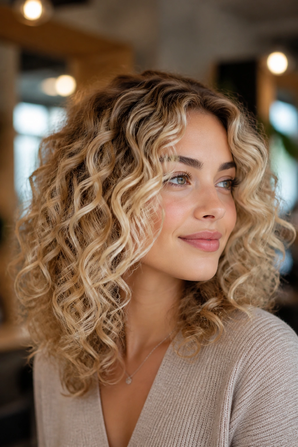 Close-up of a real woman with dimensional champagne highlights on curly hair