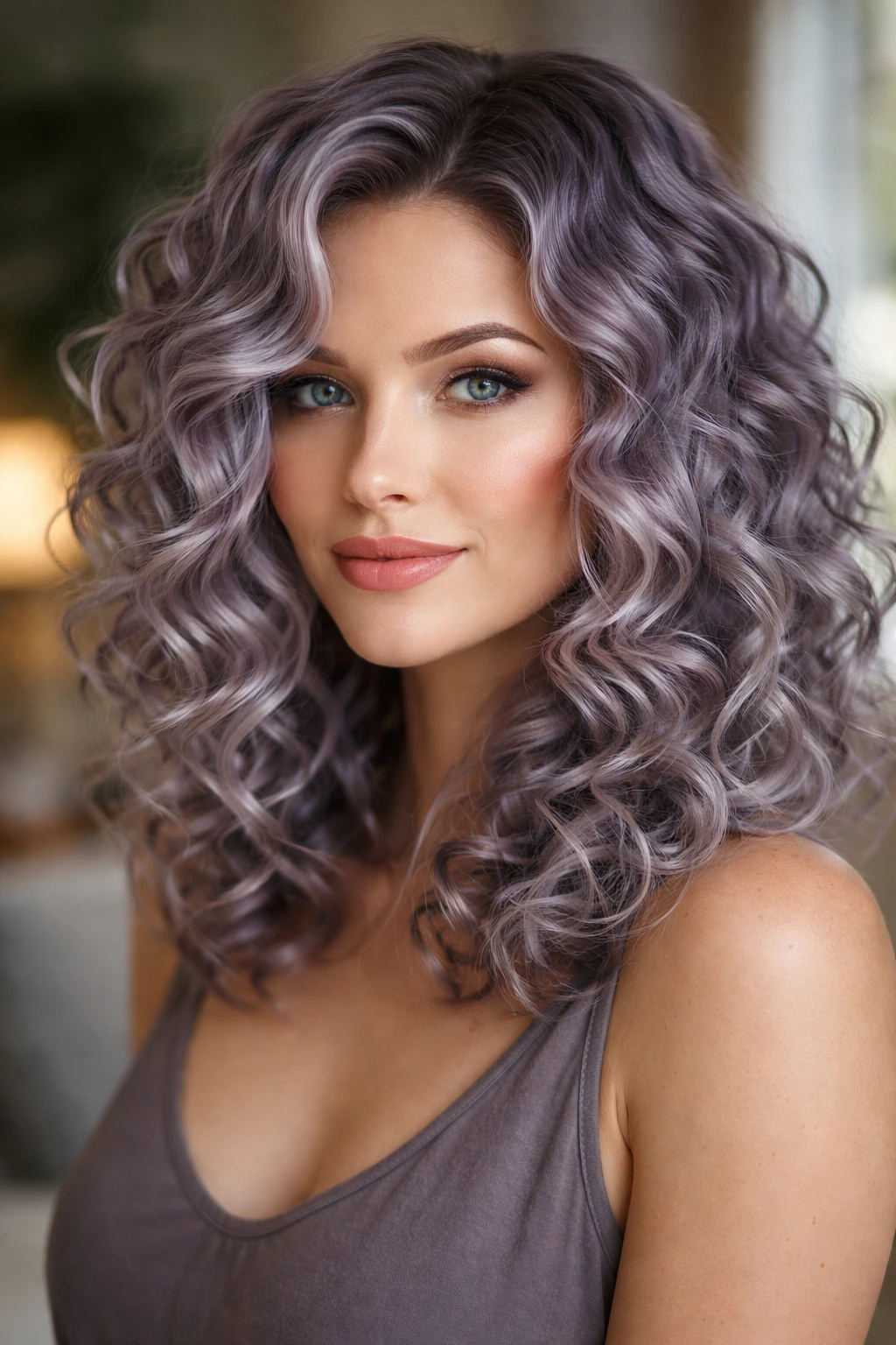 Close-up portrait of a real woman with dimensional lilac-grey curls in natural window light