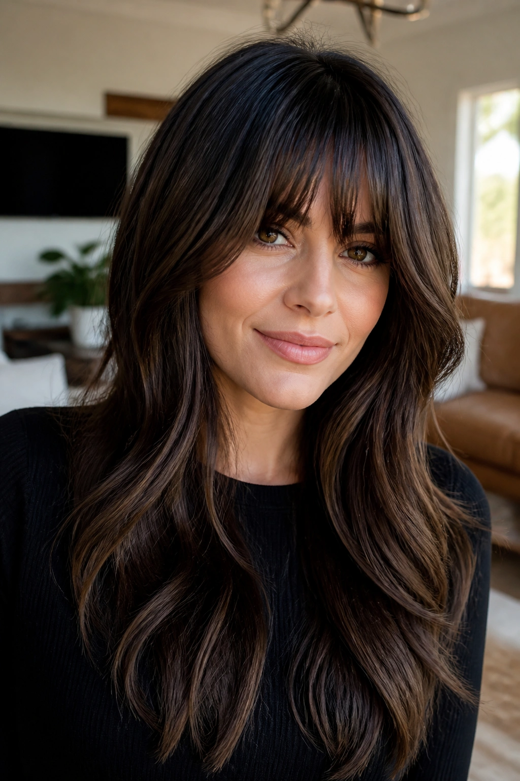 Close-up of a real woman with a long fringe and dimensional dark chocolate balayage