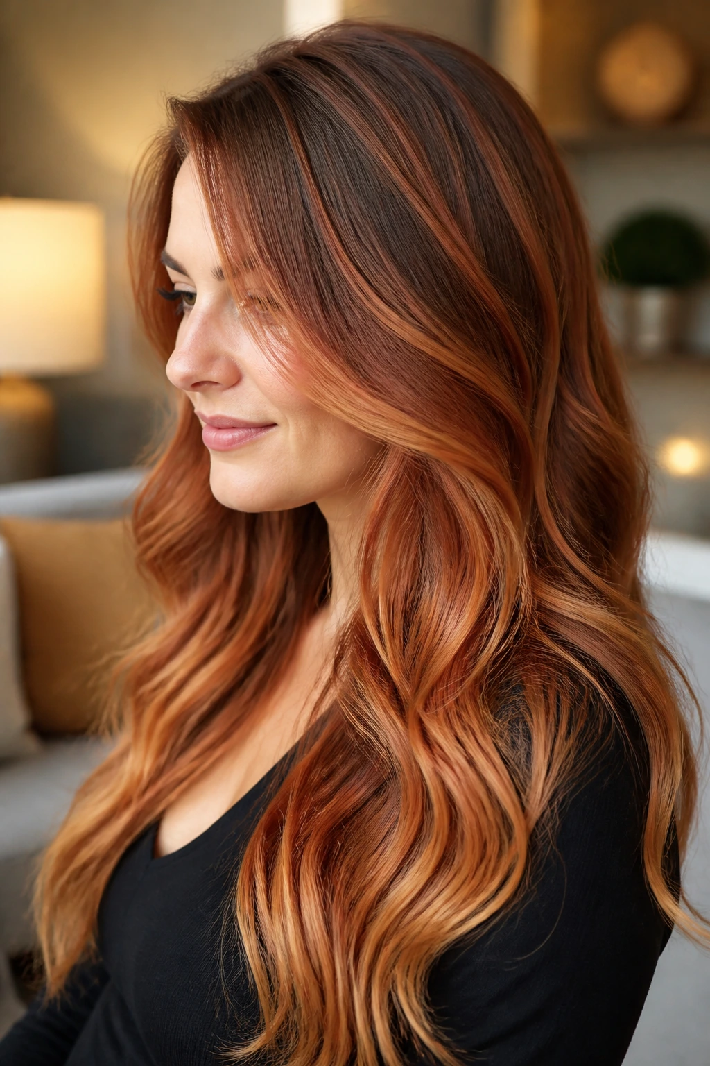 Close-up of a real woman with dimensional ginger hair and lowlights