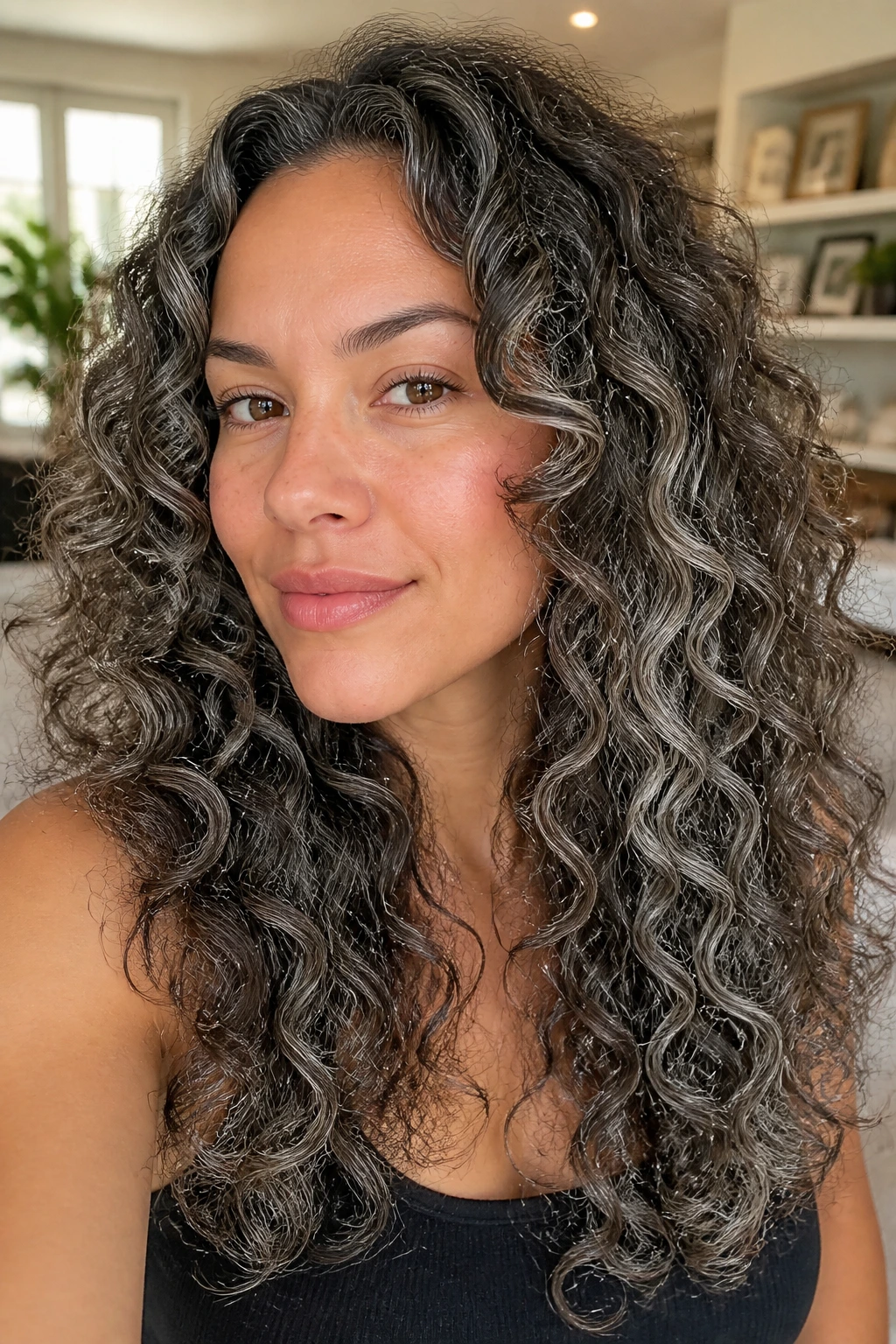 Close-up of curly brunette with dimensional grey balayage.