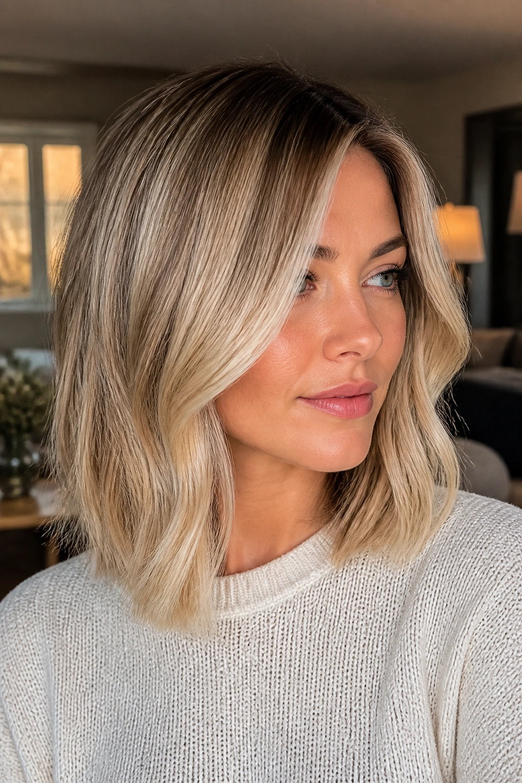 Close-up of a real woman with a dimensional highlighted long blonde bob, front pieces below cheekbone