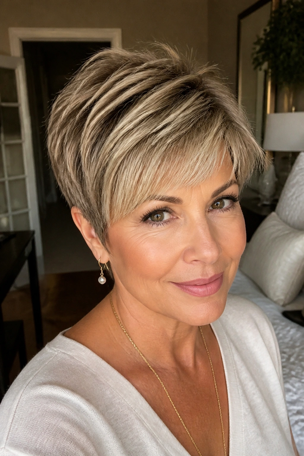 Close-up portrait of a woman with dimensional highlight pixie showing depth through color