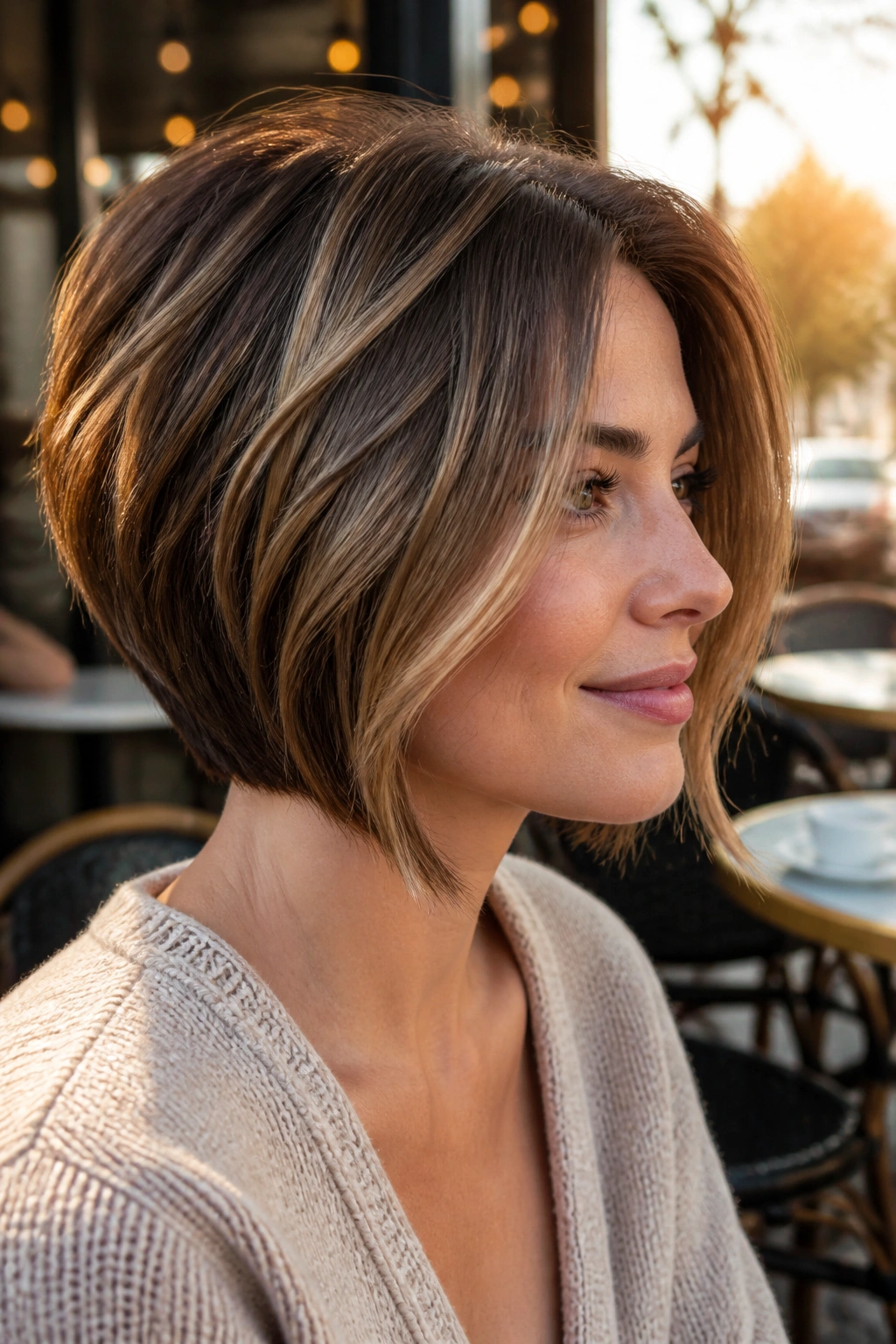 Portrait of a woman with dimensional highlights enhancing a stacked bob