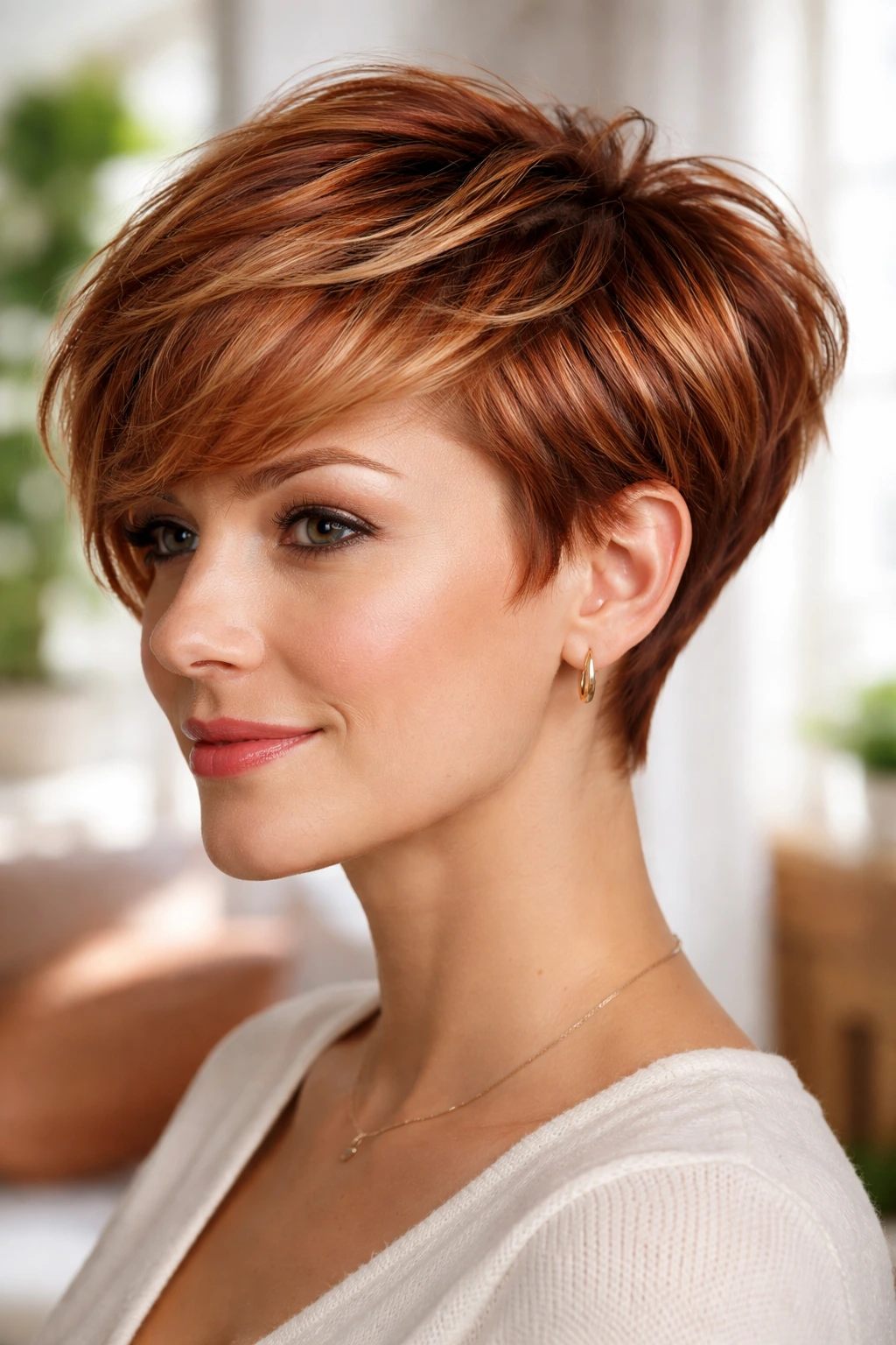Close-up of a woman with dimensional strawberry pixie highlights in natural light