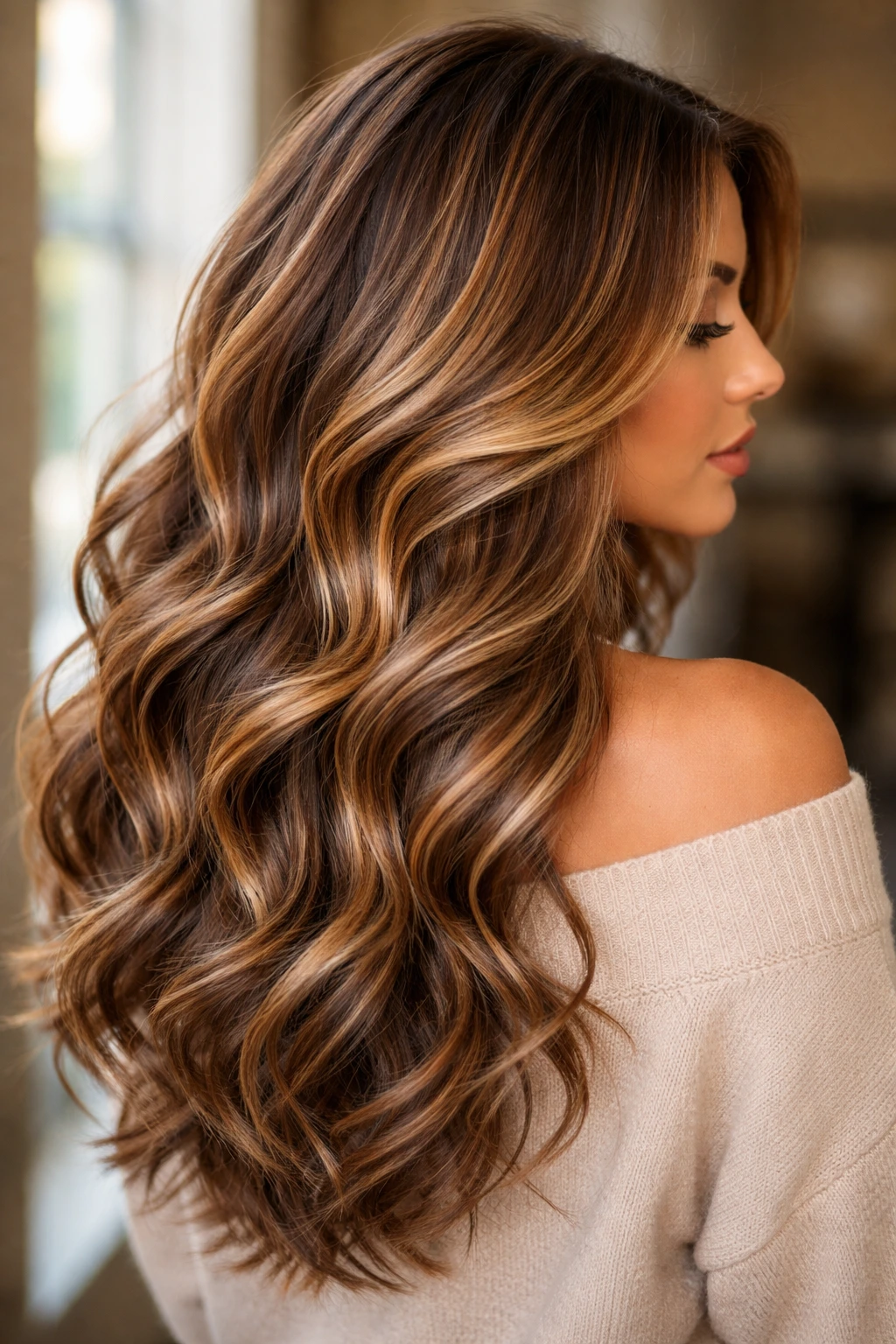 Portrait of a real person with mosaic of three to four honey tones in balayage.