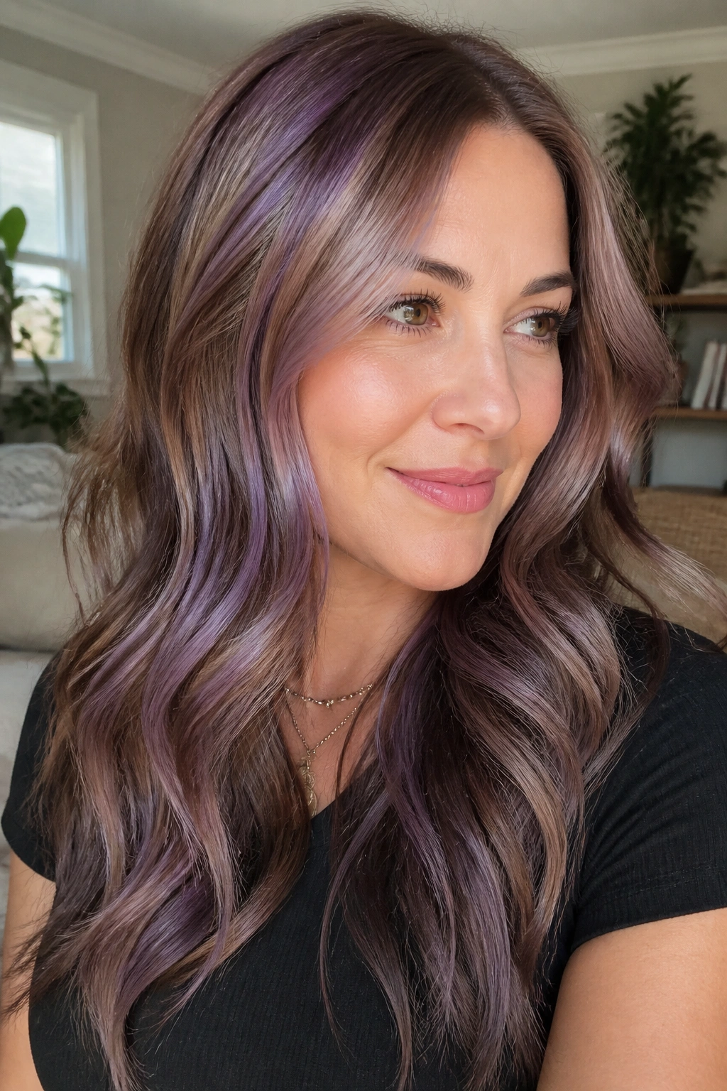 Close-up of dimensional lilac lowlights and highlights in brown hair