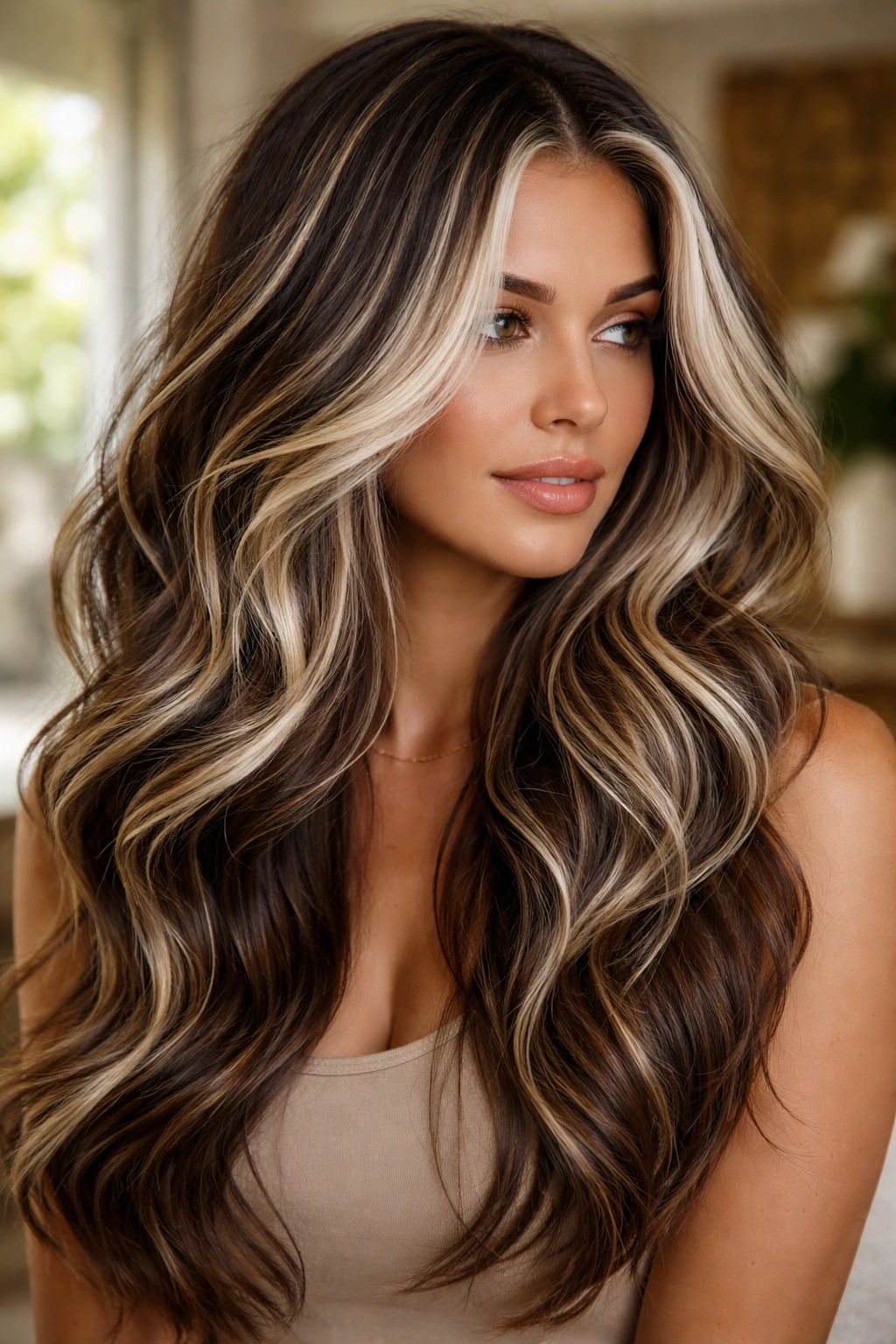 Close-up of a real woman showing dimensional hair with dark low-lights and white highlights