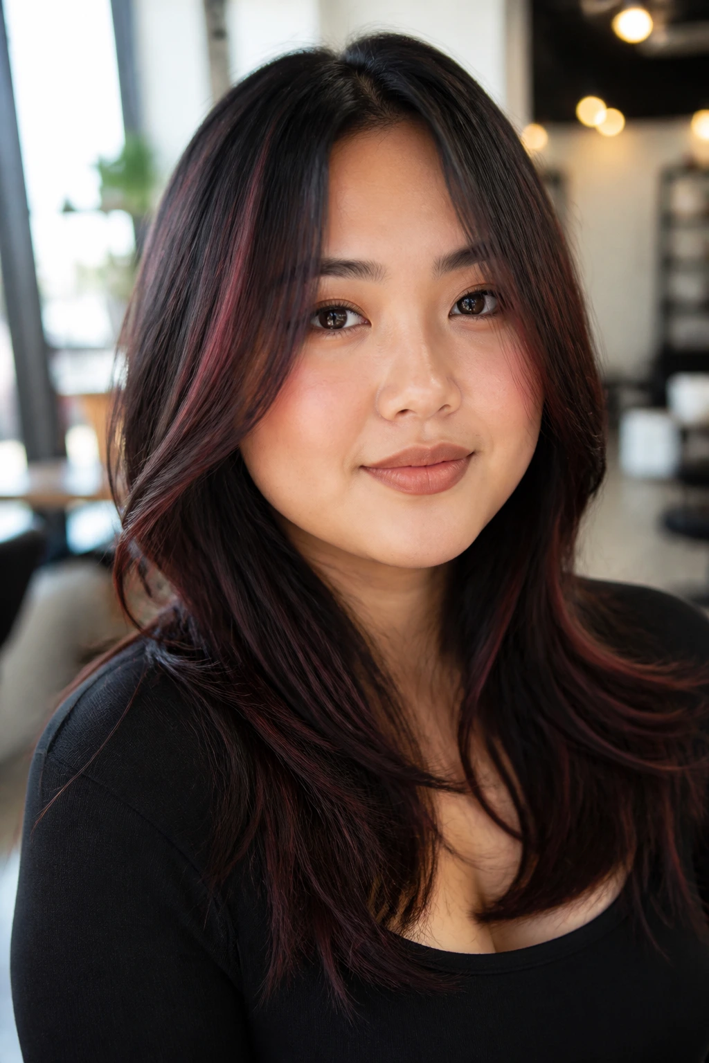 Close-up portrait of a real person with red-brown lowlights in fine black hair.