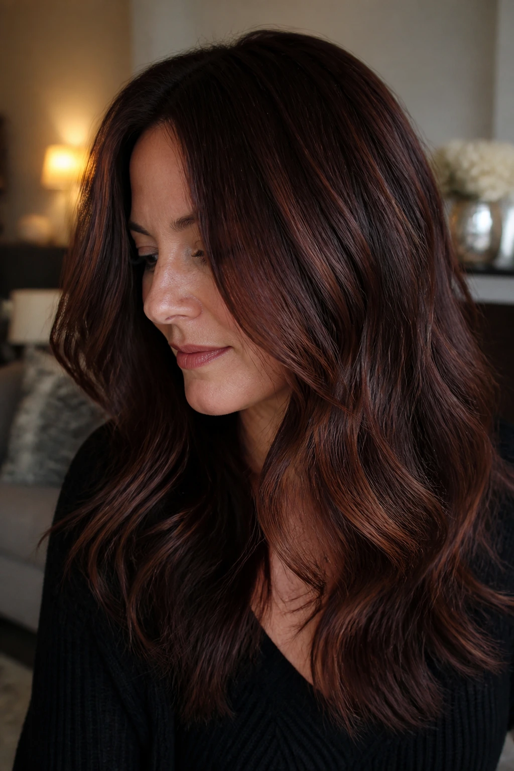 Close-up of real person's hair with dimensional mahogany and low-contrast toning.